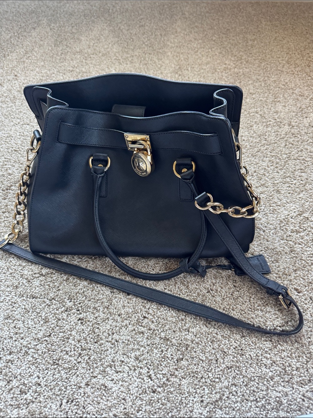 Michael Kors Black Leather Satchel Handbag with Gold Hardware